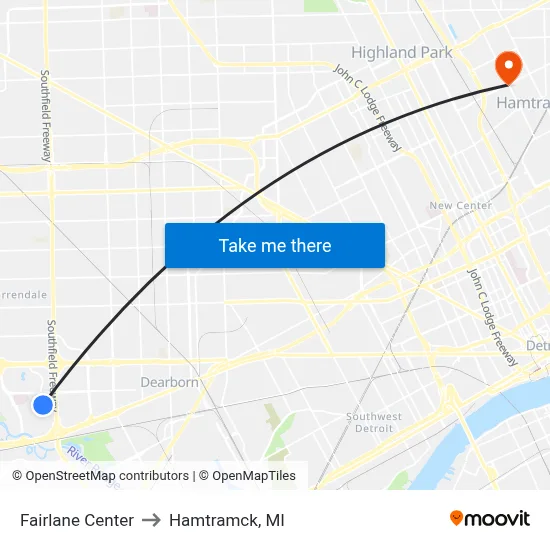 Fairlane Center to Hamtramck, MI map