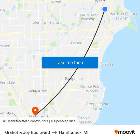 Gratiot & Joy Boulevard to Hamtramck, MI map
