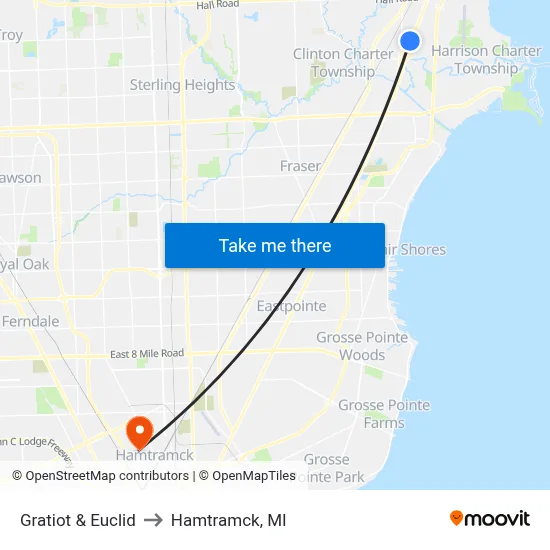 Gratiot & Euclid to Hamtramck, MI map