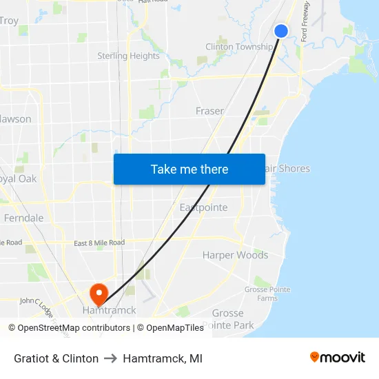 Gratiot & Clinton to Hamtramck, MI map