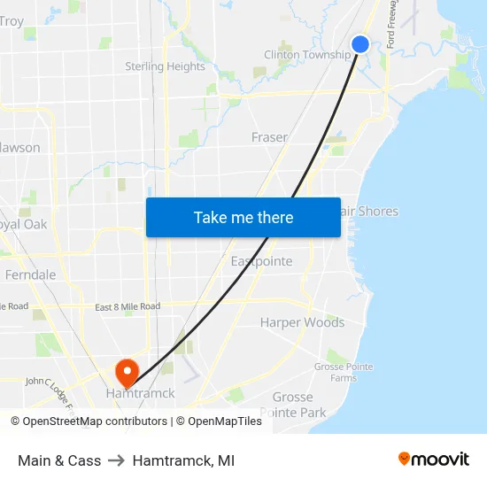 Main & Cass to Hamtramck, MI map