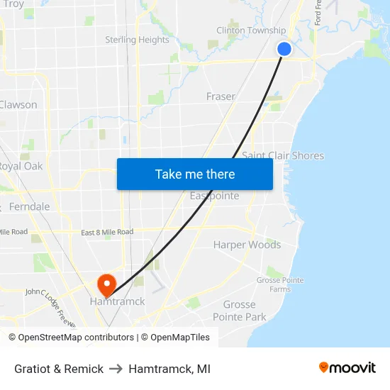 Gratiot & Remick to Hamtramck, MI map