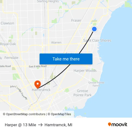 Harper @ 13 Mile to Hamtramck, MI map