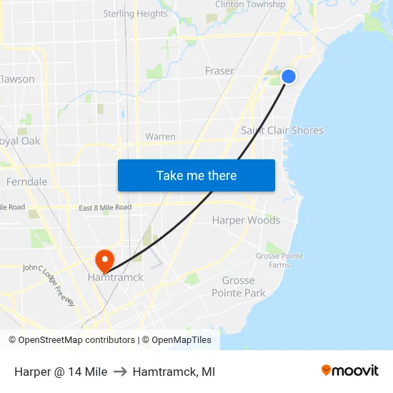 Harper @ 14 Mile to Hamtramck, MI map