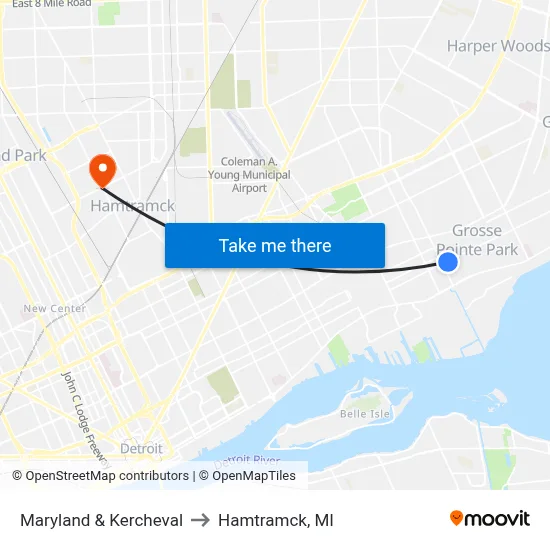 Maryland & Kercheval to Hamtramck, MI map