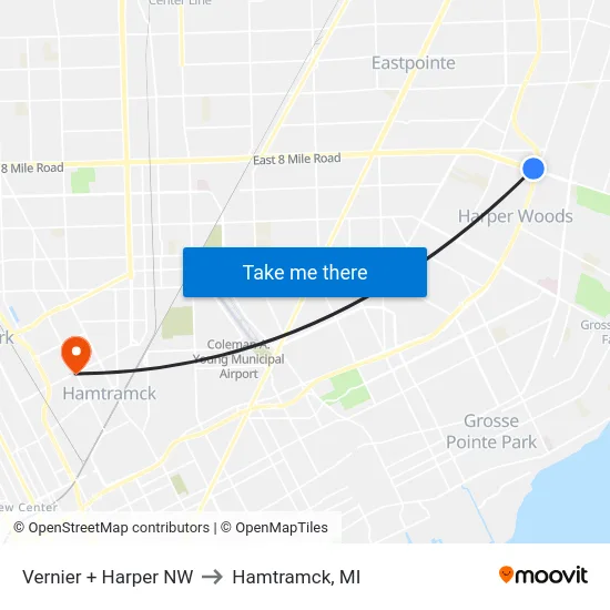 Vernier + Harper NW to Hamtramck, MI map