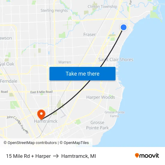 15 Mile & Harper to Hamtramck, MI map