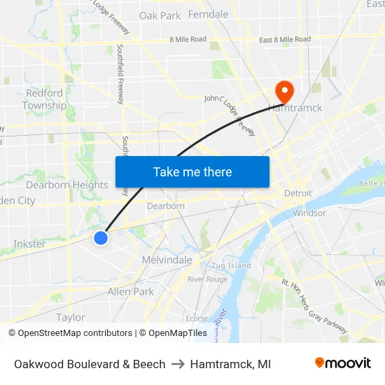 Oakwood Boulevard & Beech to Hamtramck, MI map