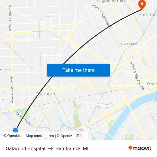 Oakwood Hospital to Hamtramck, MI map