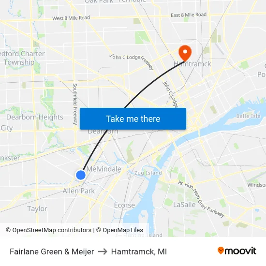 Fairlane Green & Meijer to Hamtramck, MI map