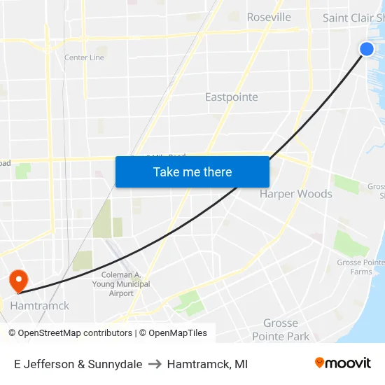 E Jefferson & Sunnydale to Hamtramck, MI map