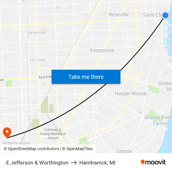E Jefferson & Worthington to Hamtramck, MI map