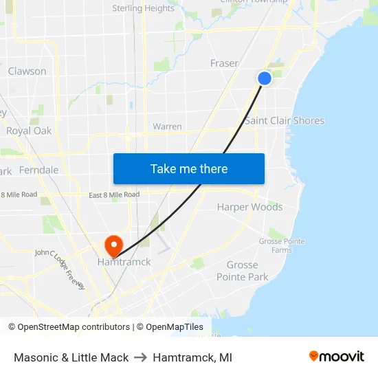 Masonic & Little Mack to Hamtramck, MI map