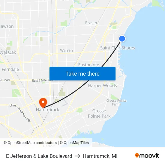 E Jefferson & Lake Boulevard to Hamtramck, MI map
