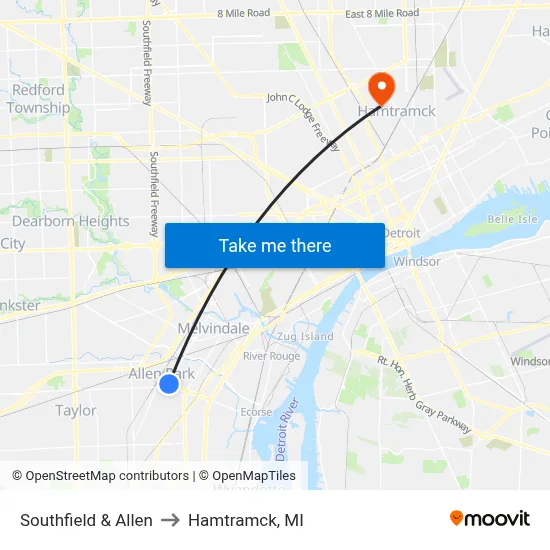 Southfield & Allen to Hamtramck, MI map