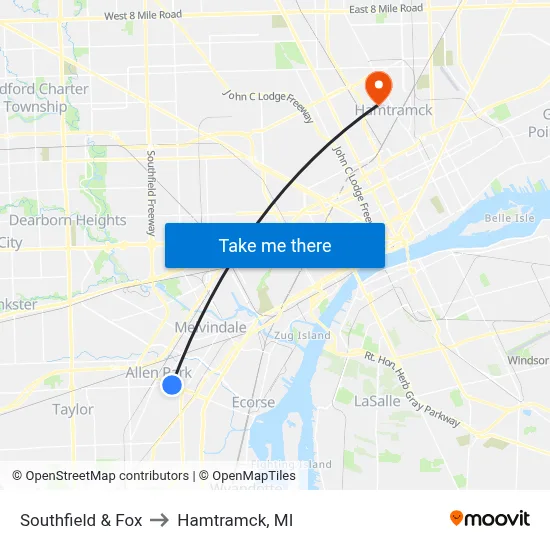 Southfield & Fox to Hamtramck, MI map