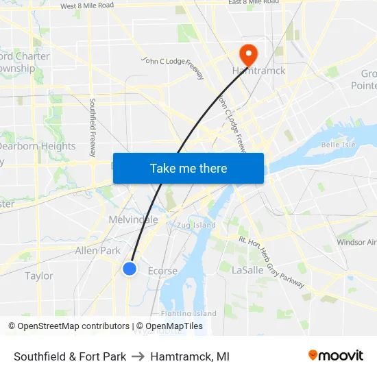 Southfield & Fort Park to Hamtramck, MI map