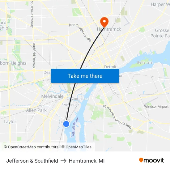 Jefferson & Southfield to Hamtramck, MI map