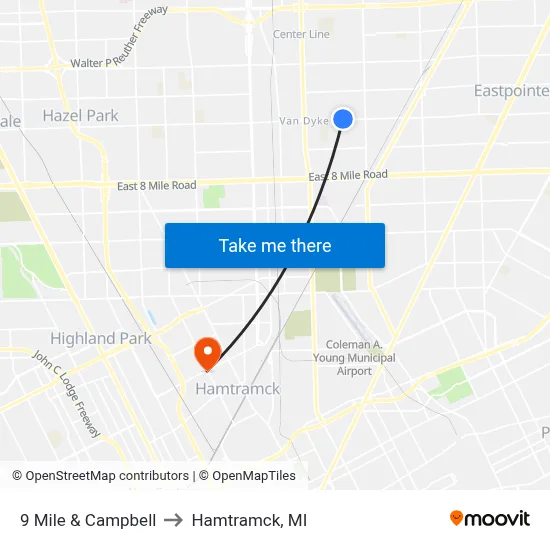 9 Mile & Campbell to Hamtramck, MI map