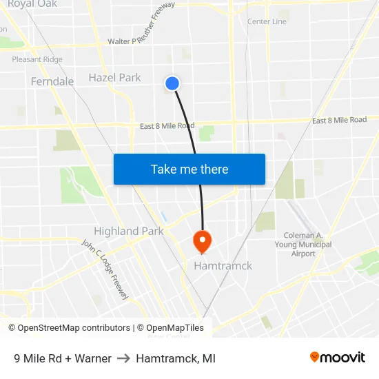 9 Mile & Warner to Hamtramck, MI map