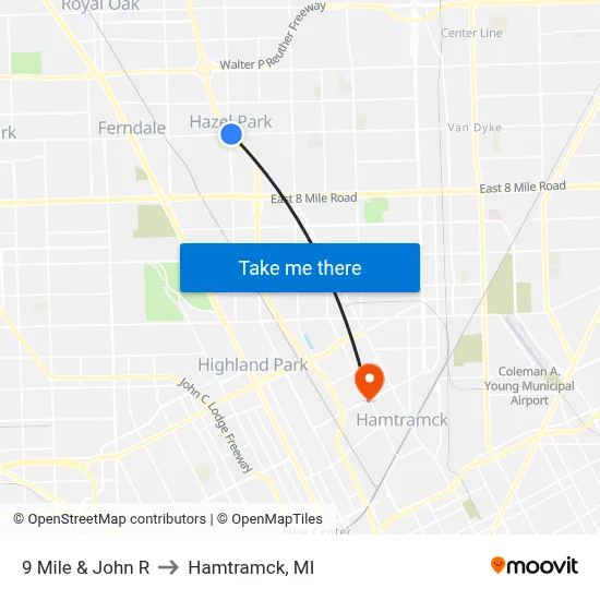 9 Mile & John R to Hamtramck, MI map
