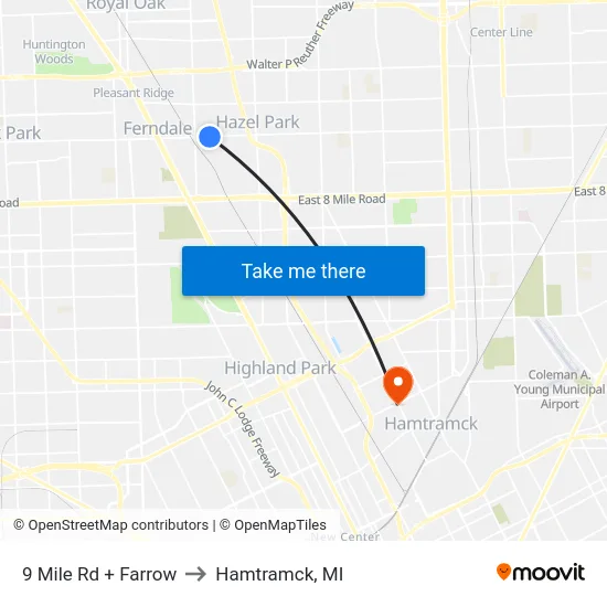 9 Mile Rd + Farrow to Hamtramck, MI map