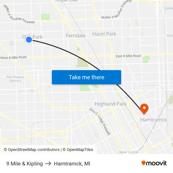 9 Mile & Kipling to Hamtramck, MI map