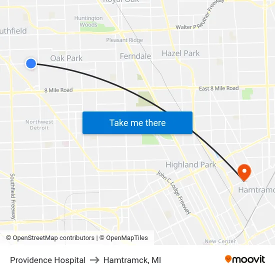 Providence Hospital to Hamtramck, MI map