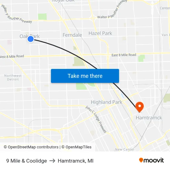 9 Mile & Coolidge to Hamtramck, MI map