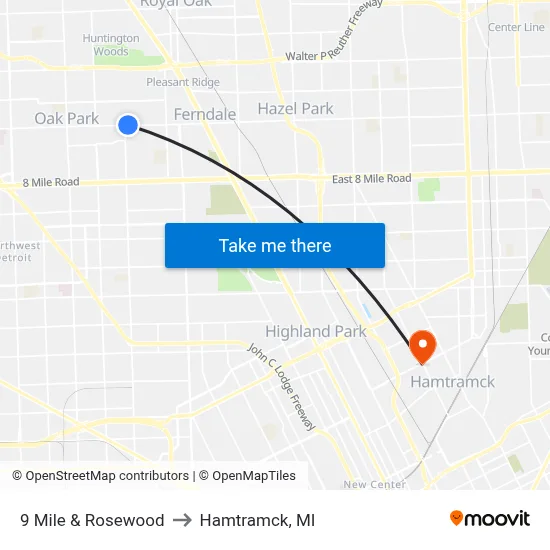 9 Mile & Rosewood to Hamtramck, MI map