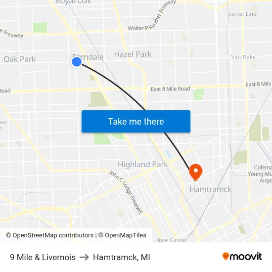 9 Mile & Livernois to Hamtramck, MI map