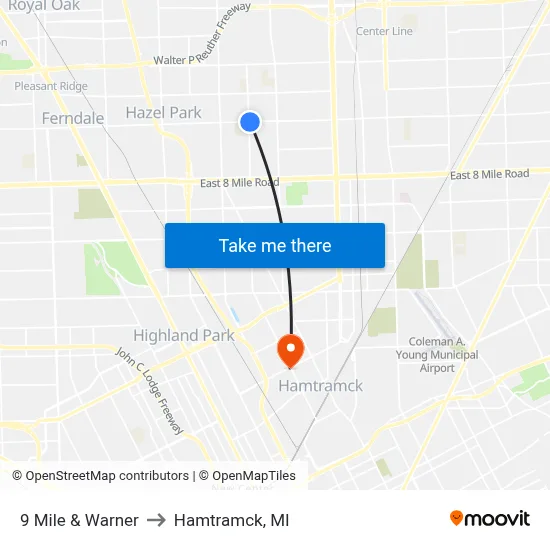 9 Mile & Warner to Hamtramck, MI map