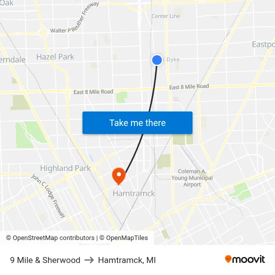 9 Mile & Sherwood to Hamtramck, MI map