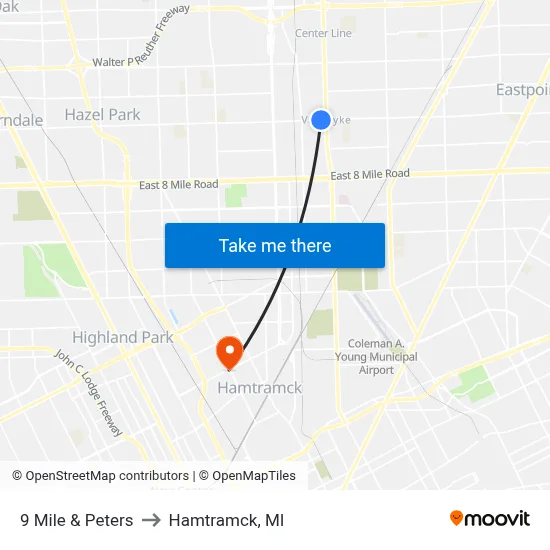9 Mile & Peters to Hamtramck, MI map