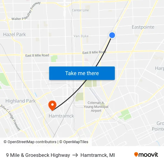 9 Mile & Groesbeck Highway to Hamtramck, MI map