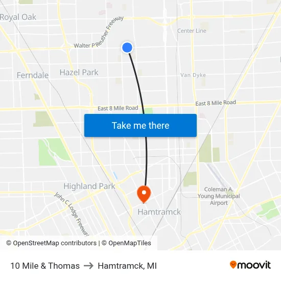 10 Mile & Thomas to Hamtramck, MI map