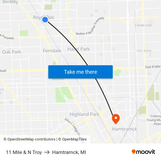 11 Mile & N Troy to Hamtramck, MI map