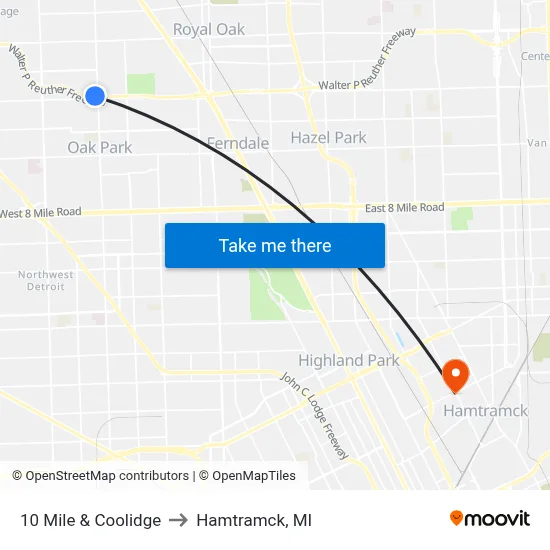 10 Mile & Coolidge to Hamtramck, MI map