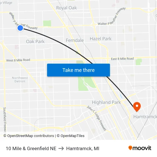 10 Mile & Greenfield NE to Hamtramck, MI map