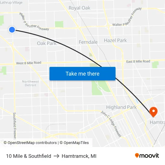 10 Mile & Southfield to Hamtramck, MI map