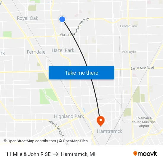 11 Mile & John R SE to Hamtramck, MI map