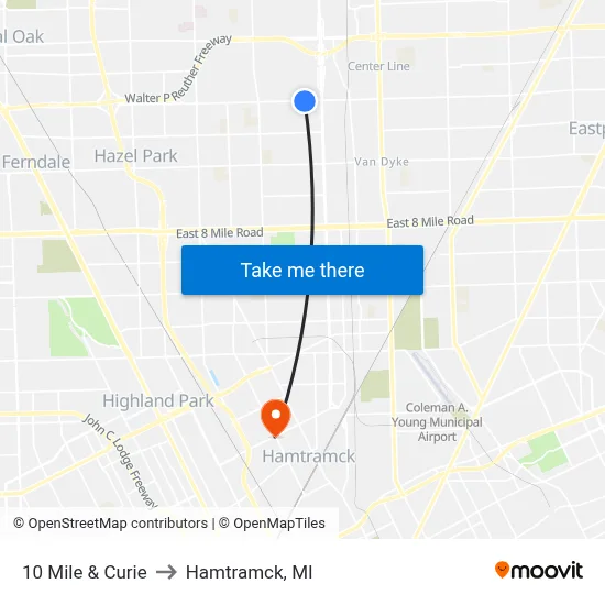 10 Mile & Curie to Hamtramck, MI map