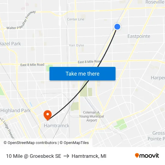 10 Mile @ Groesbeck SE to Hamtramck, MI map