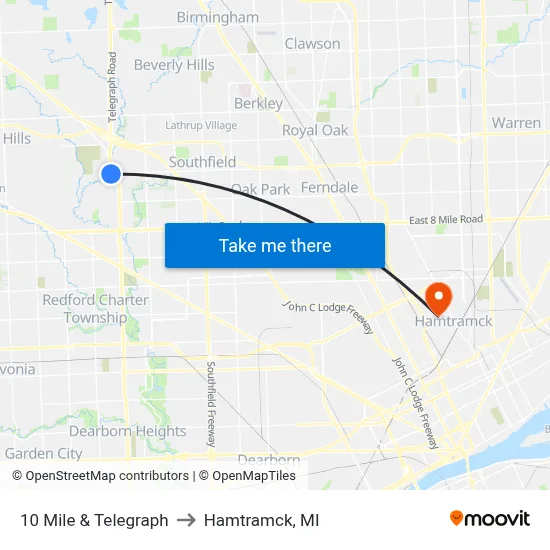 10 Mile & Telegraph to Hamtramck, MI map
