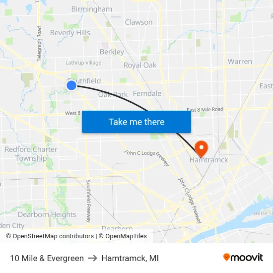 10 Mile & Evergreen to Hamtramck, MI map