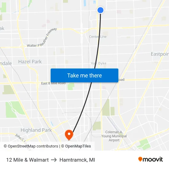 12 Mile & Walmart to Hamtramck, MI map