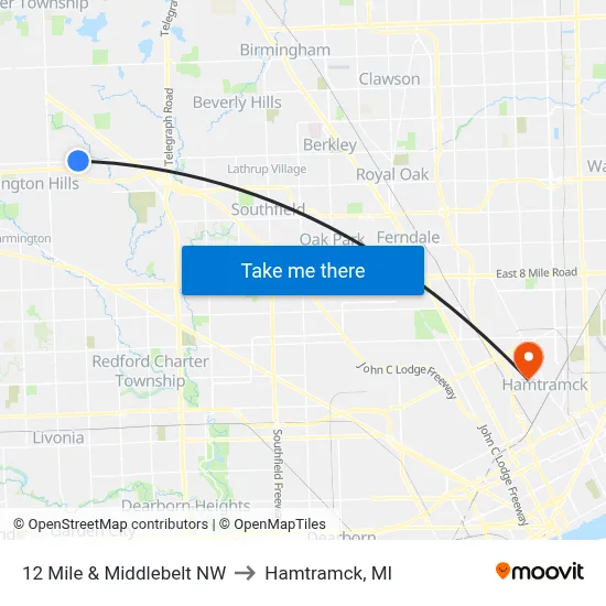 12 Mile & Middlebelt NW to Hamtramck, MI map