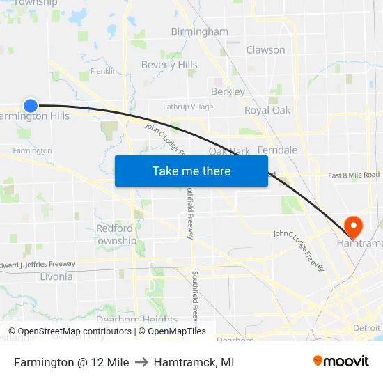 Farmington @ 12 Mile to Hamtramck, MI map