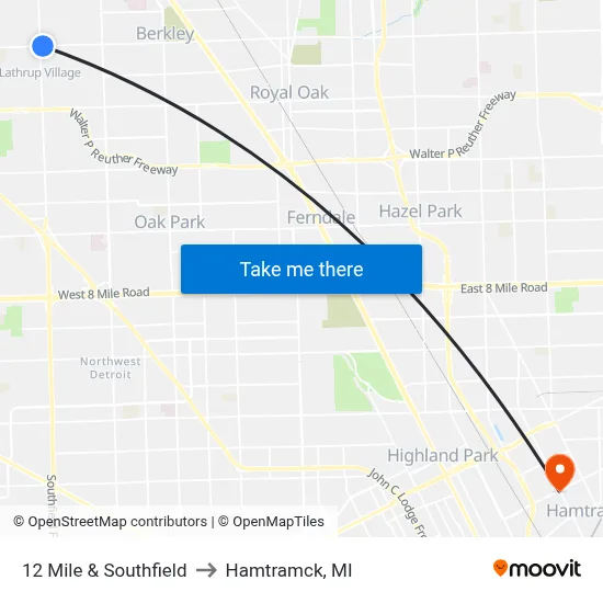 12 Mile & Southfield to Hamtramck, MI map