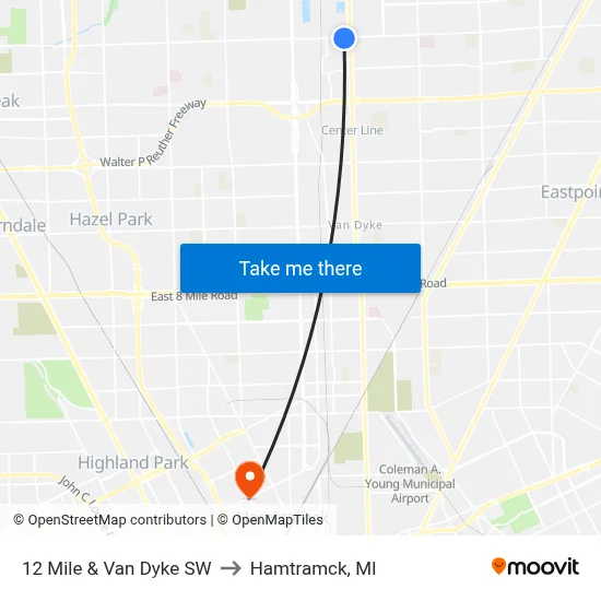 12 Mile & Van Dyke SW to Hamtramck, MI map